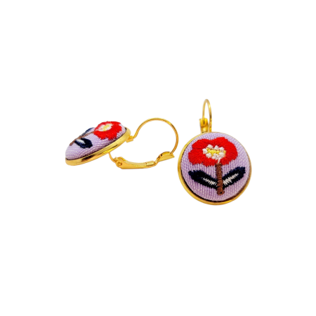 Earrings gold steel fabric flowers fabric